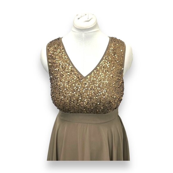Sequin Embellished Venus Womens Dress V-Neck Sleeveless Khaki & Gold A-Line US S - Picture 3 of 11